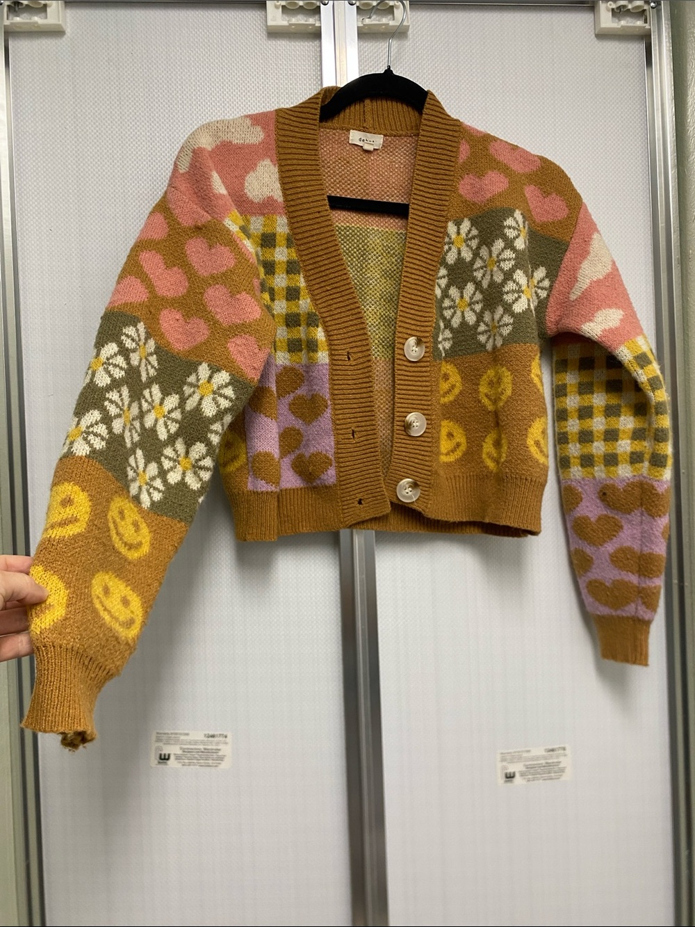 debut Brown Multi Patchwork Cropped Cardigan with Hearts, Daisies & Smiley Faces